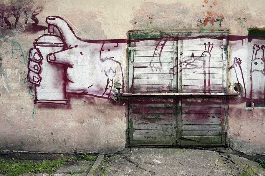 Photo 13332: Worn, panelled, green, padlocked double door
