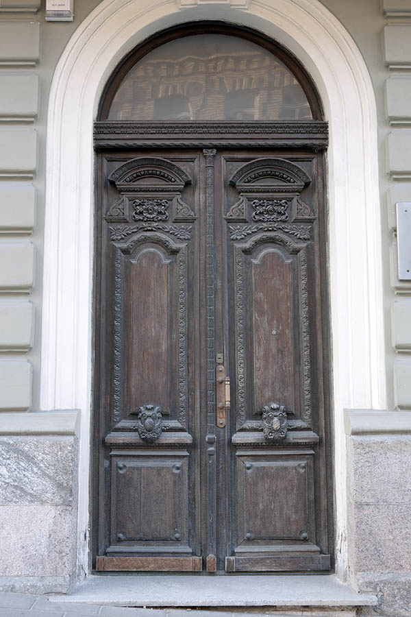 Photo 13350: Carved, panelled, oiled double door with fan light