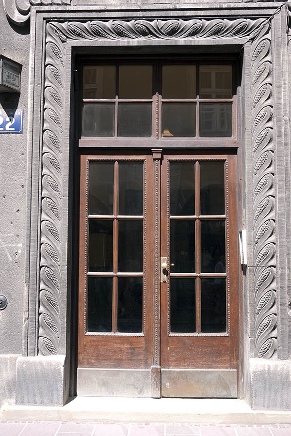 Photo 13421: Carved, panelled, brown double door with top window and door lights