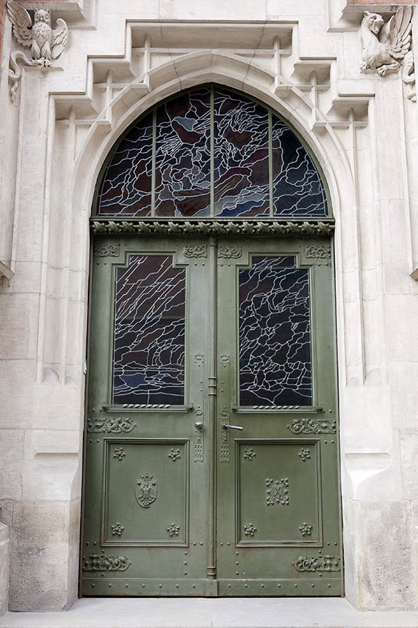Photo 13524: Panelled, carved, light green double door with fan light and formed door lights