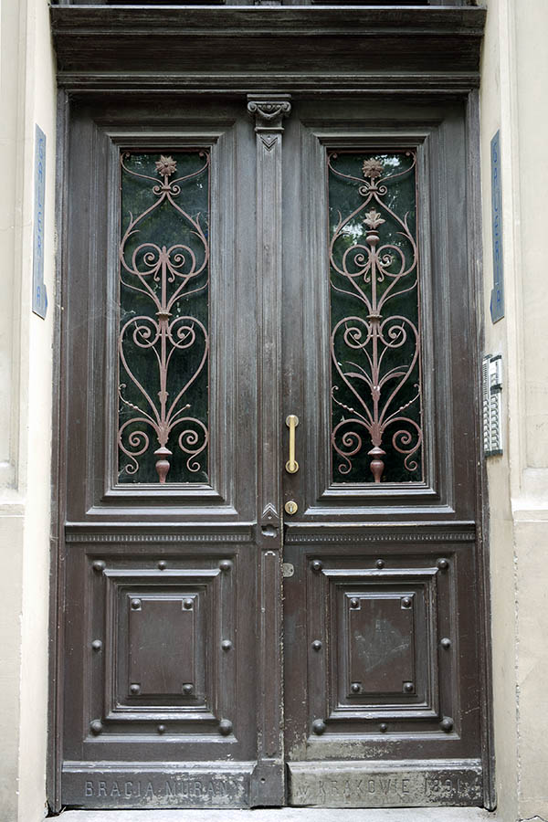 Photo 13554: Worn, carved, panelled, brown double door with latticed door lights
