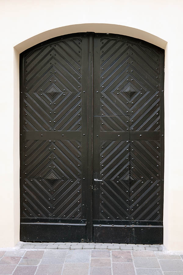Photo 13560: Formed, panelled, black gate with minor door