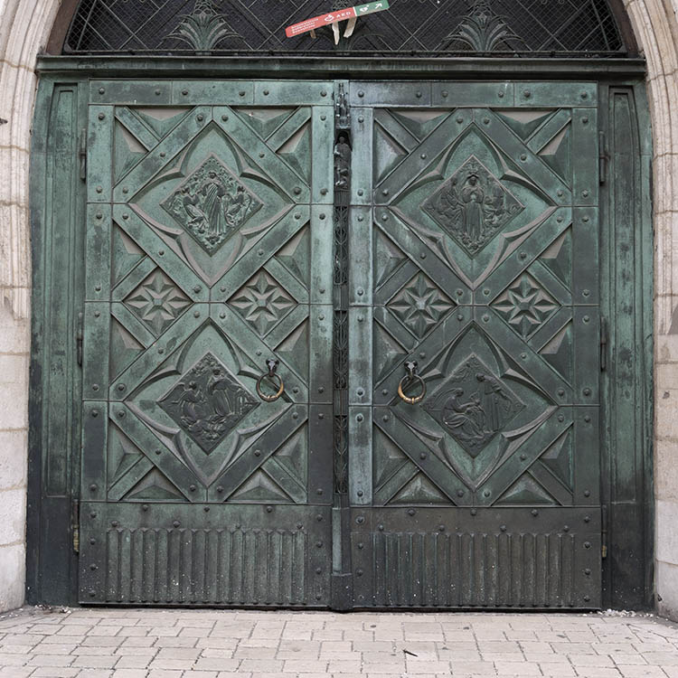 Photo 13568: Black copper double door with metal decoration and latticed fan light