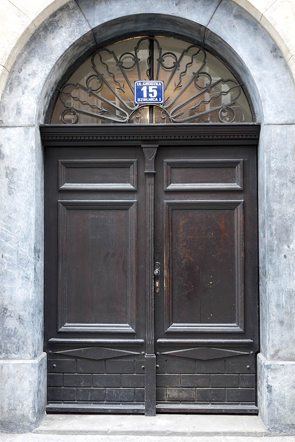 Photo 13586: Carved, panelled, brown double door with latticed fan light