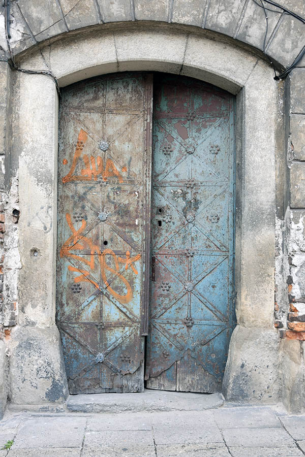 Photo 13670: Formed, decayed, light blue metal door