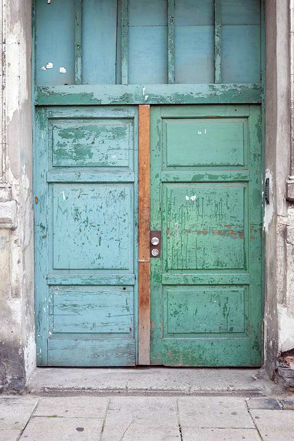 Photo 13682: Worn, panelled, light green gate