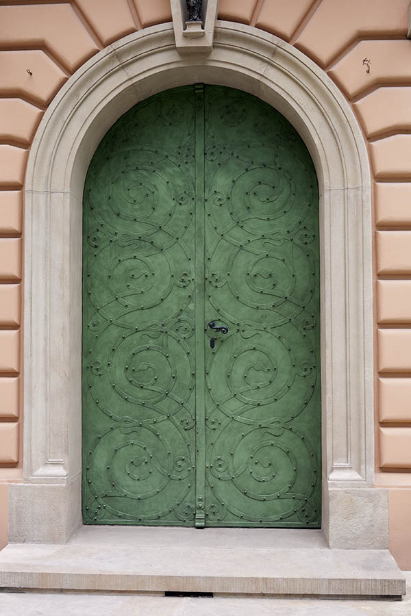 Photo 13720: Formed, light green metal double door with metal decoration