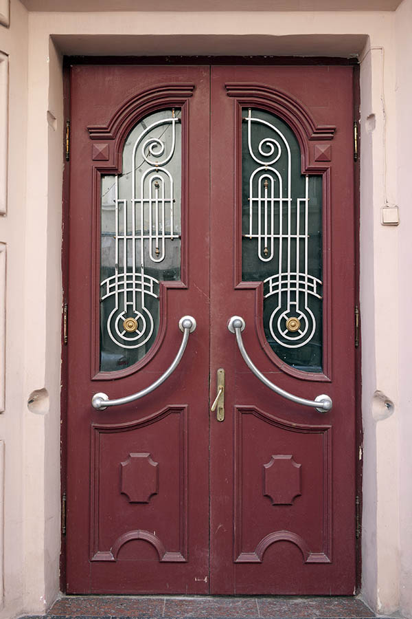 Photo 13813: Panelled, red double door with formed door lights