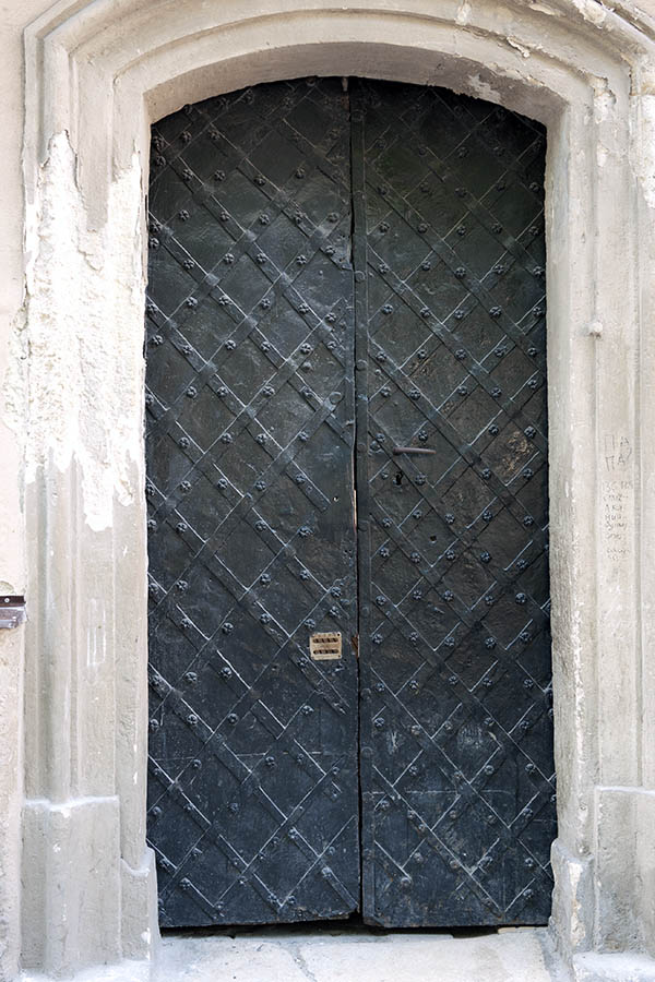 Photo 13927: Formed, black door with black metal decorations