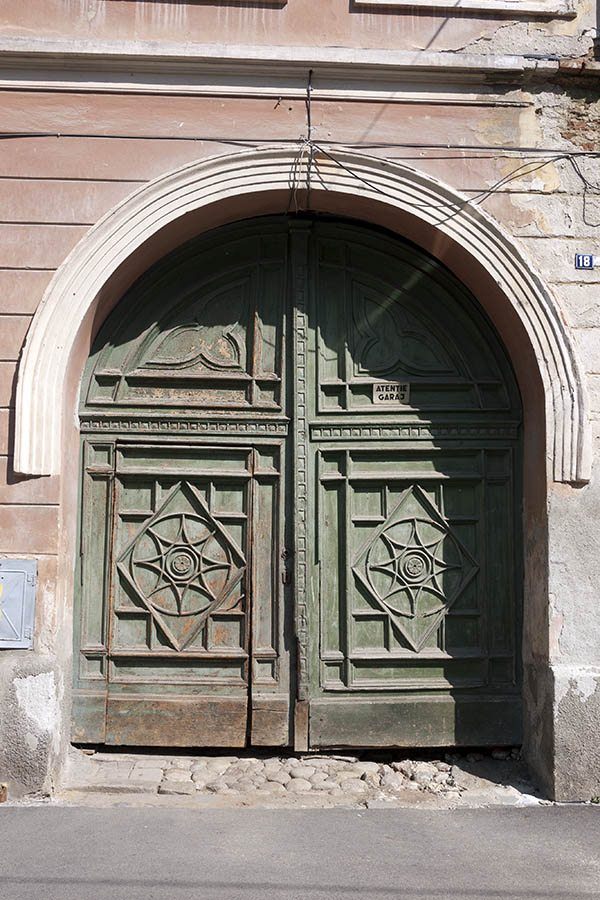 Photo 14490: Worn, carved, formed, panelled, light green gate