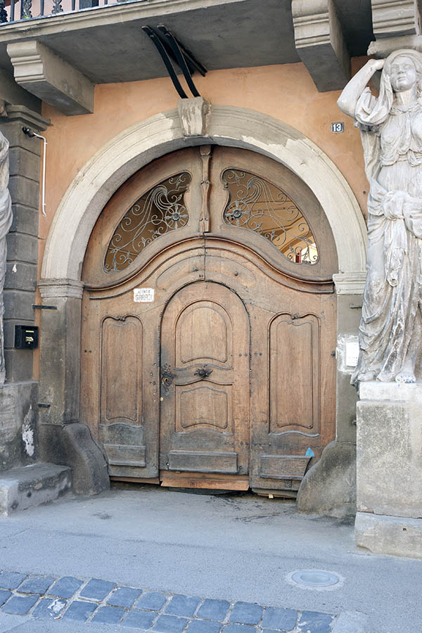 Photo 14529: Formed, panelled, oiled gate with minor door and latticed fan lights