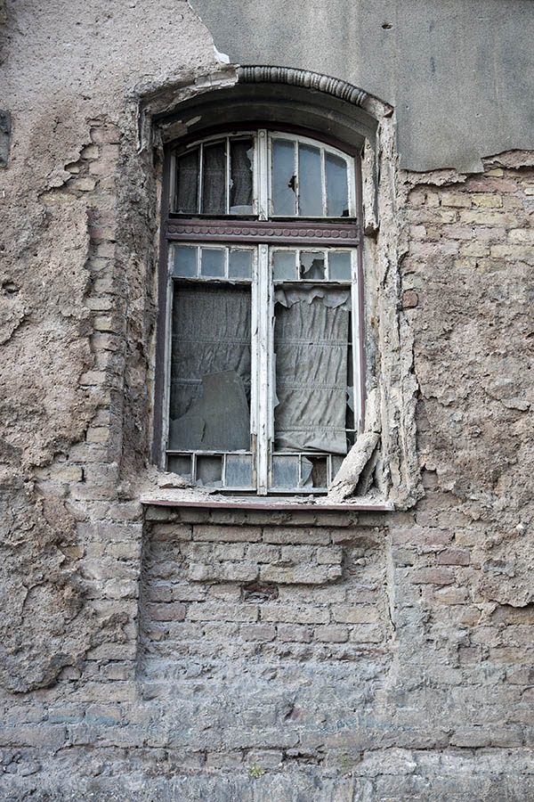 Photo 14658: Decayed, formed, red and white window with four panes