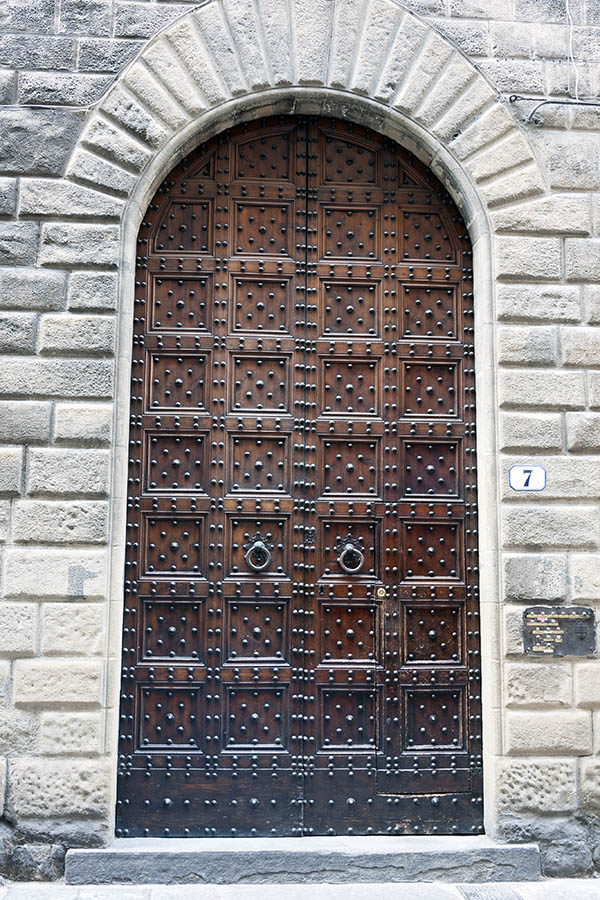 Photo 14682: Panelled, formed, oiled double door with many spikes