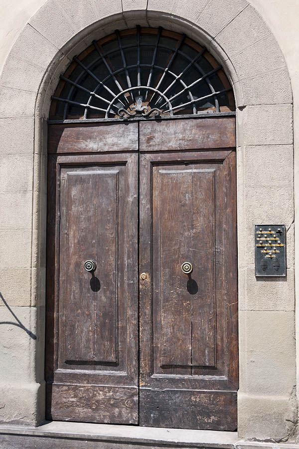 Photo 14720: Worn, panelled, brown double door with barred fan light