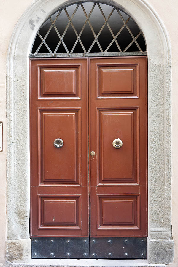 Photo 14758: Panelled, brown double door with latticed fan light