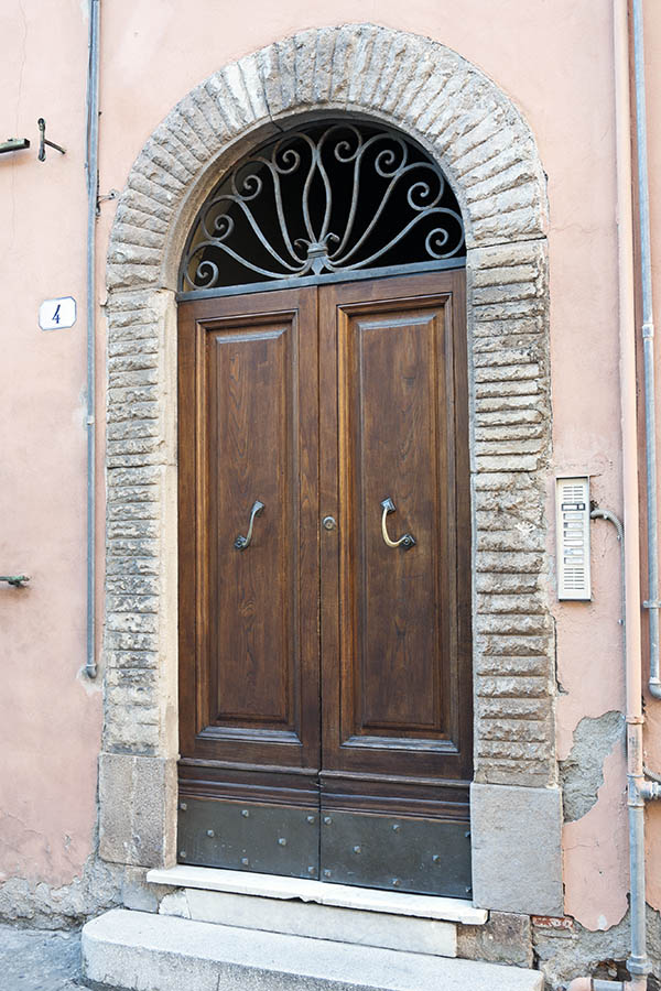 Photo 14792: Panelled, oiled double door with latticed fan light