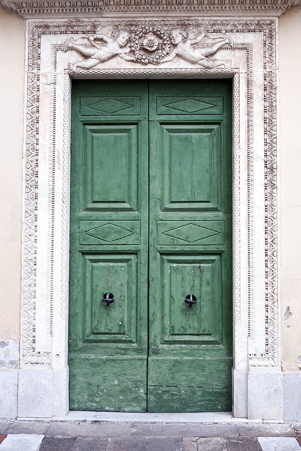 Photo 14814: Worn, panelled, green double door