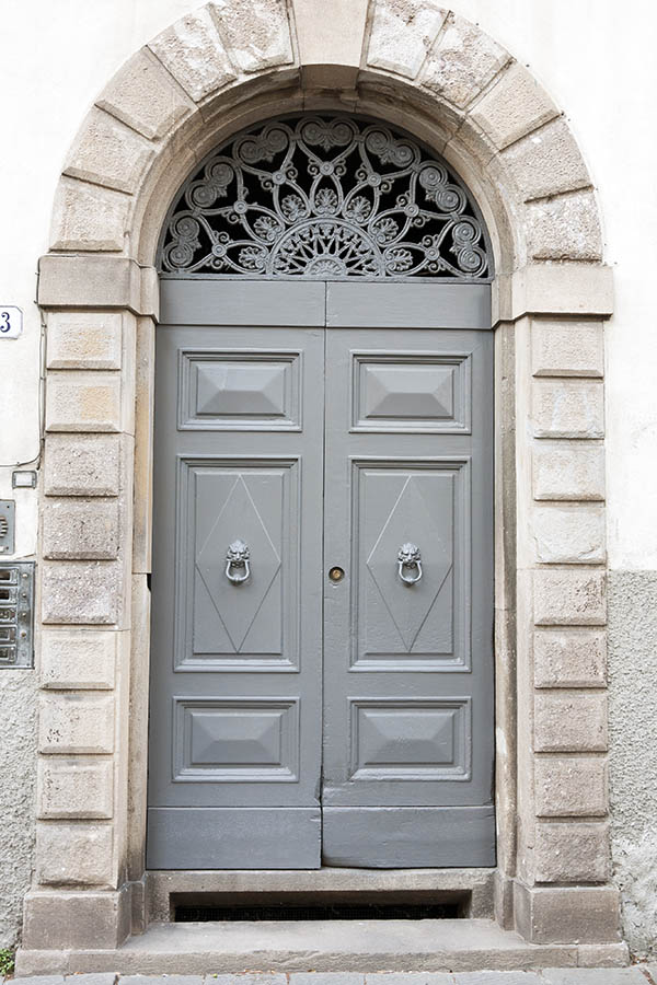 Photo 14816: Panelled, grey double door with latticed fan light
