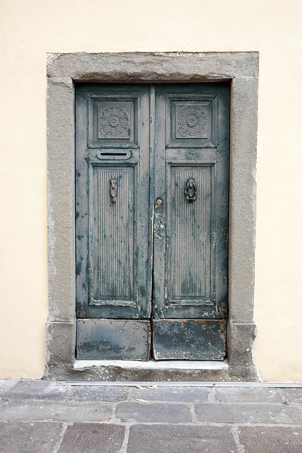 Photo 14859: Worn, panelled, teal double door