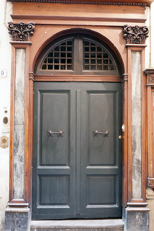 Photo 14927: Panelled, grey double door with barred fan light