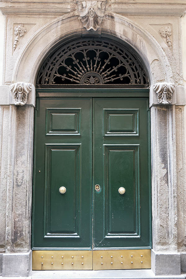 Photo 14929: Panelled, green double door with latticed fan light