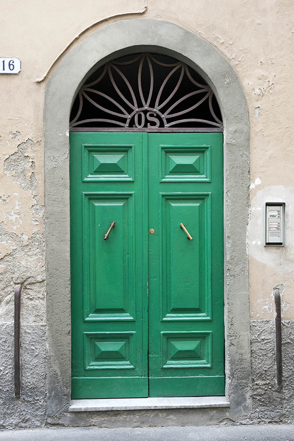 Photo 14960: Panelled, green double door with latticed fan light
