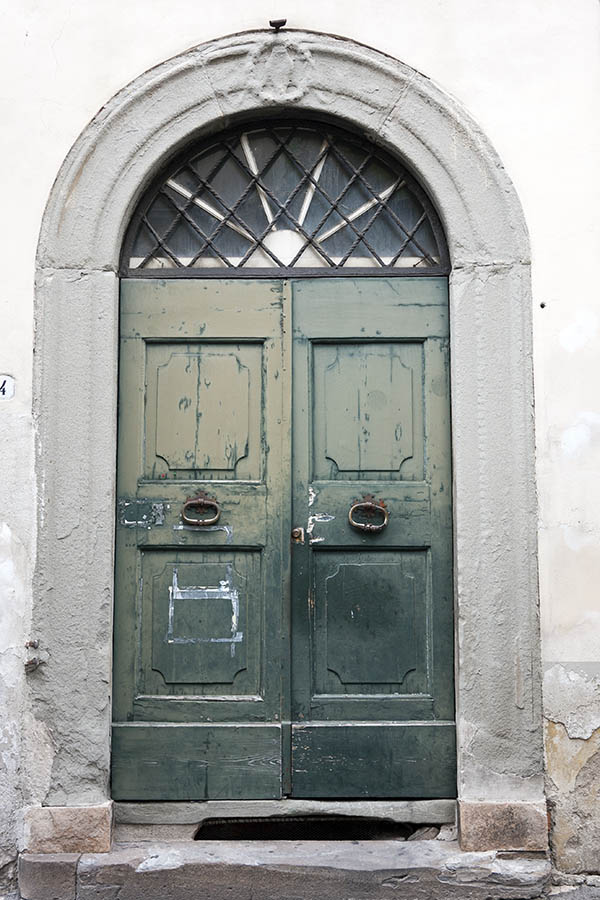 Photo 14977: Worn, panelled, green double door with barred, white fan light