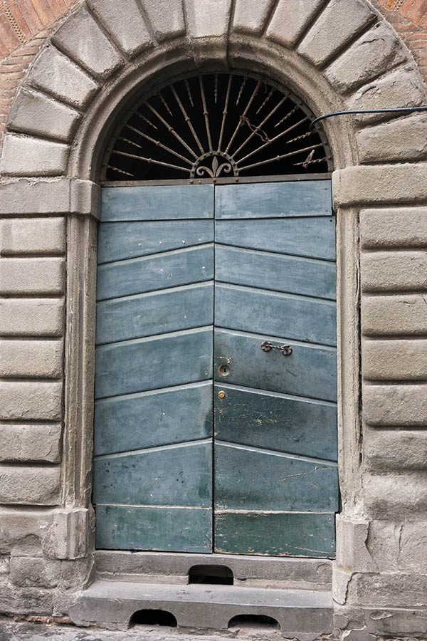 Photo 14997: Teal double door made of planks with latticed fan light