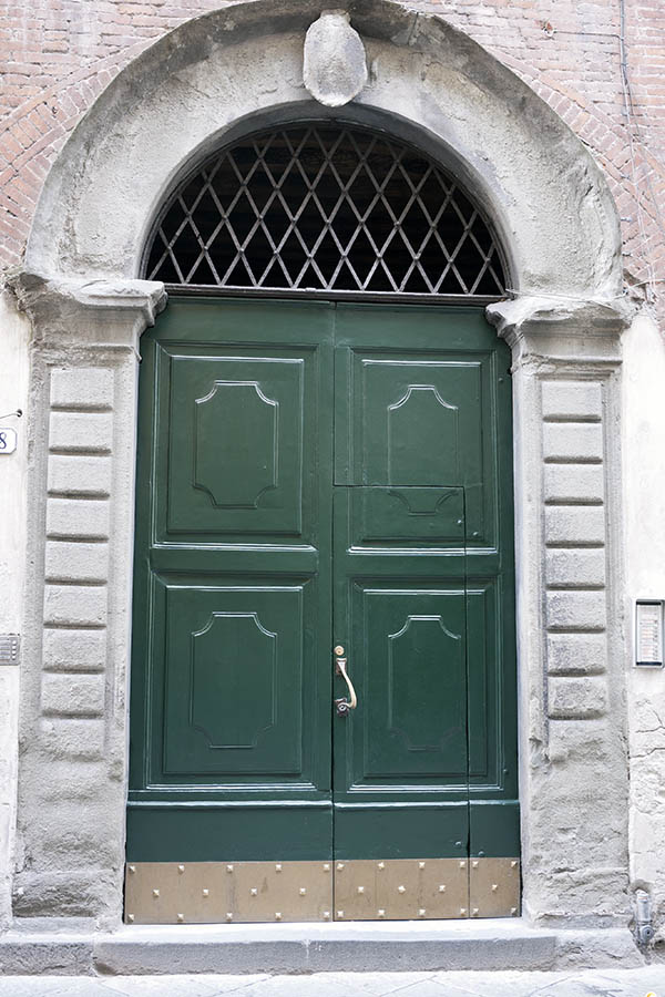 Photo 15018: Panelled, green gate with barred fan light and minor door