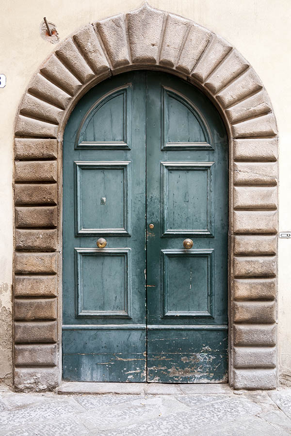 Photo 15034: Worn, panelled, formed, green double door