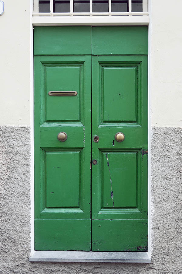 Photo 15098: Panelled, green double door with barred, white top window