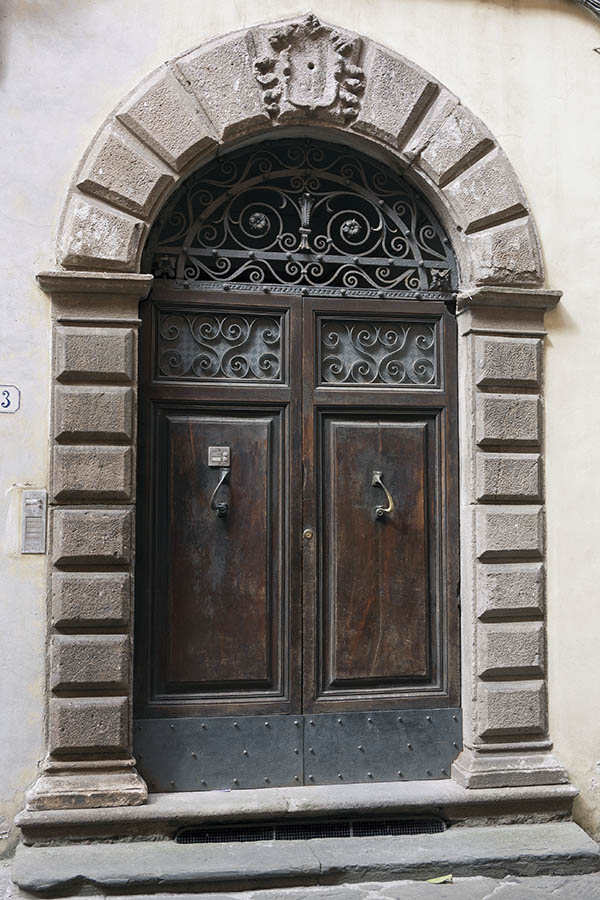 Photo 15151: Panelled, oiled double door with latticed fan light and latticed door lights