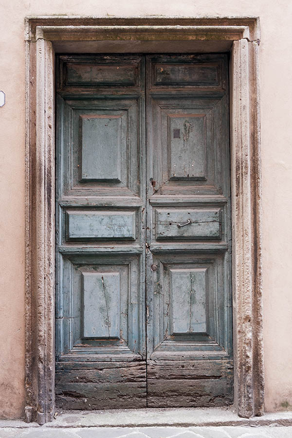 Photo 15155: Decayed, panelled, teal double door