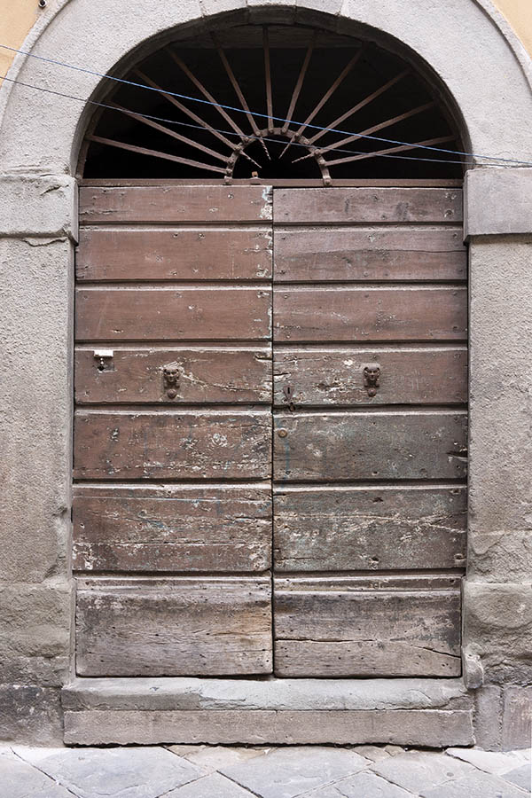 Photo 15194: Decayed, unpainted double door with latticed fan light