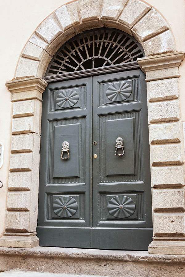 Photo 15222: Worn, panelled, carved, grey double door with latticed fan light