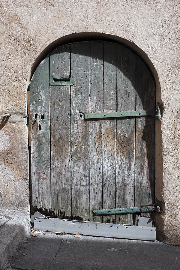 Photo 15314: Decayed, formed, unpainted, green door