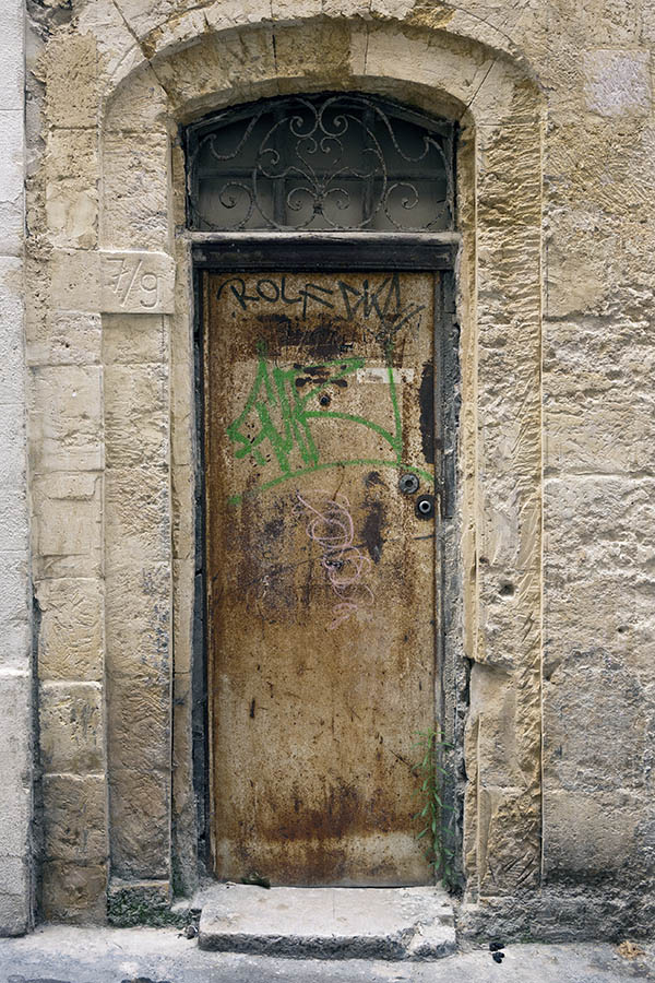 Photo 15370: Decayed, unpainted plate door with latticed fan light