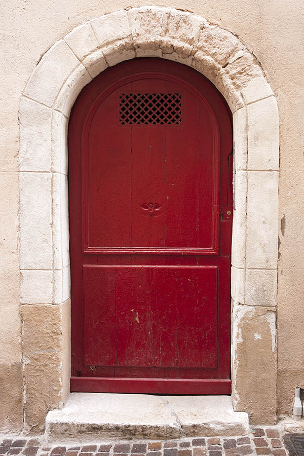 Photo 15475: Formed, panelled, red door with venthole