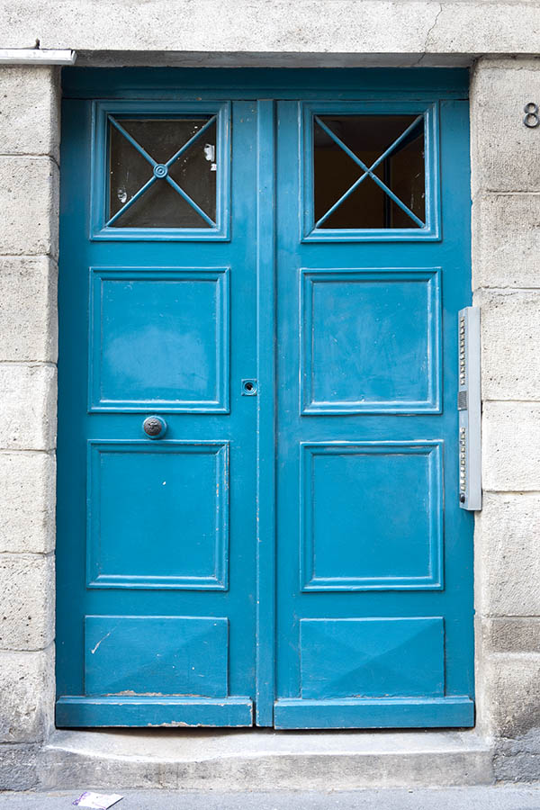 Photo 15527: Panelled, light blue double door with door lights