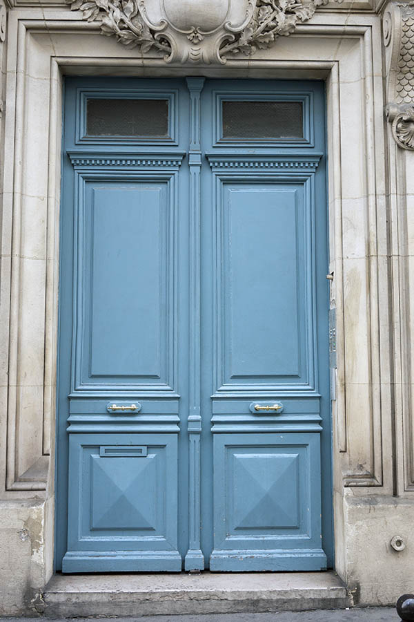Photo 15540: Panelled, carved, light blue double door with door lights