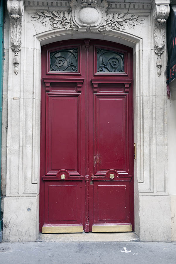Photo 15569: Formed, carved, panelled, purple double door with latticed door lights
