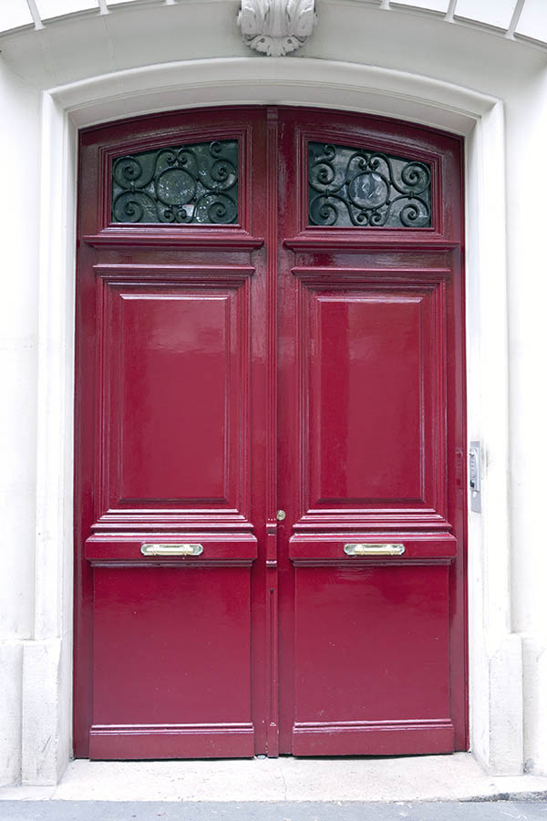 Photo 15577: Formed, panelled, cerise red double door with latticed door lights