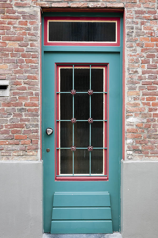 Photo 15682: Panelled, teal, red and white door with top window and latticed door light