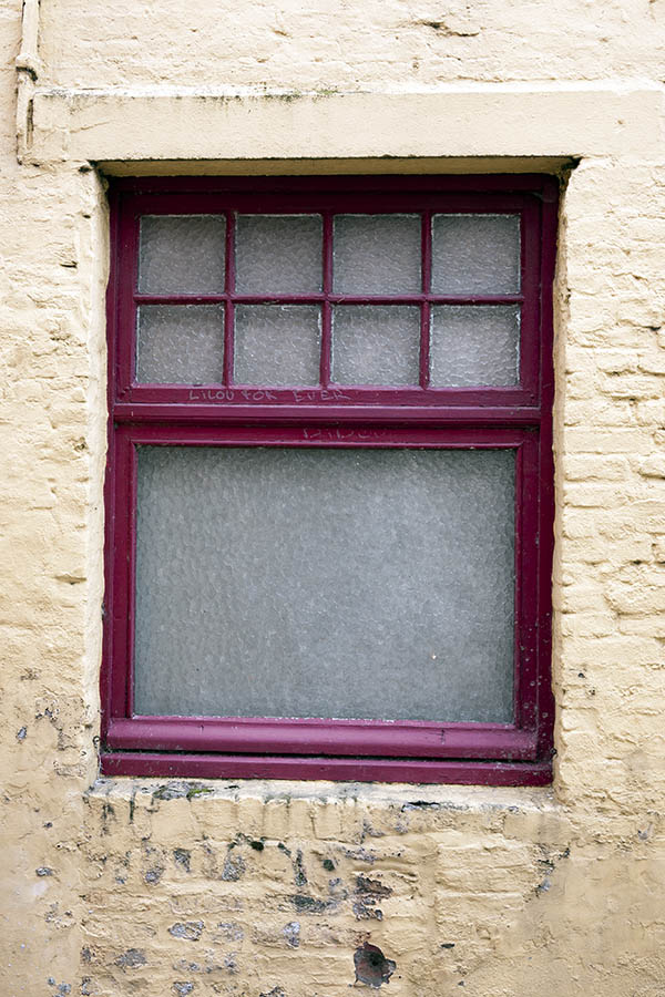 Photo 15786: Worn, purple window with two frames and nine panes with matted glass
