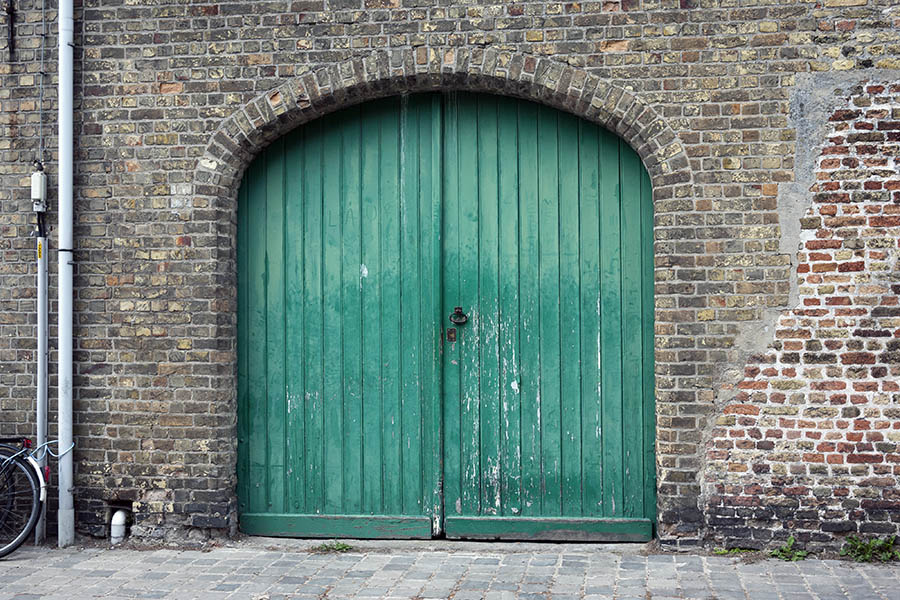 Photo 15856: Worn, formed, green gate made of planks