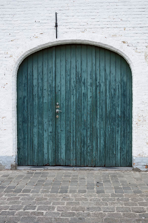 Photo 15858: Worn, formed, teal gate made of planks