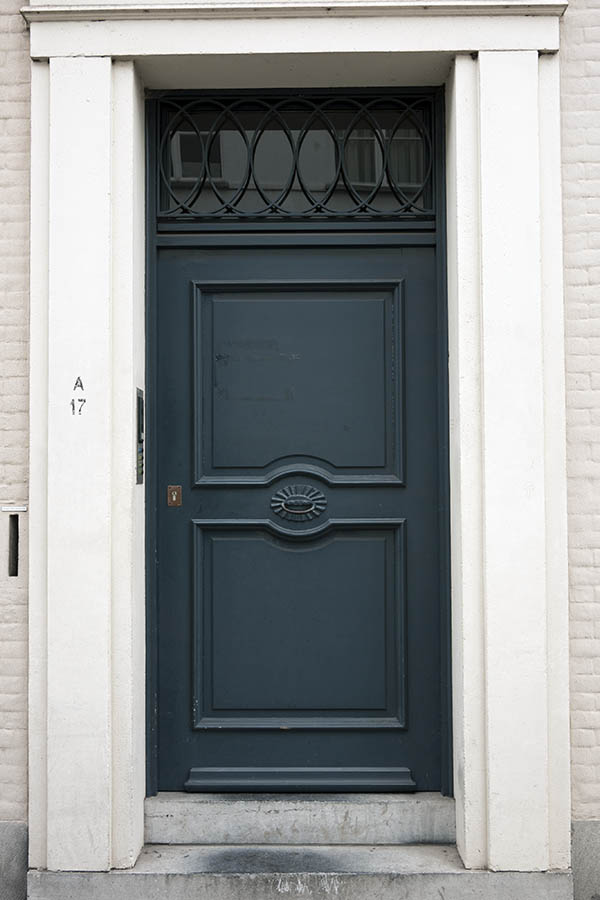 Photo 15993: Panelled, carved, black door with latticed top window