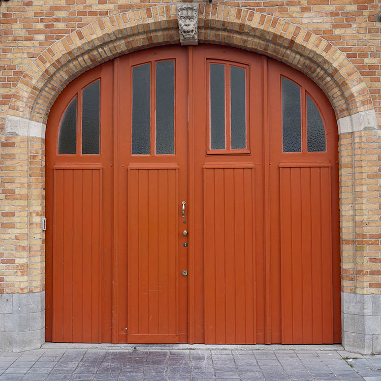 Photo 16072: Formed, panelled, red gate with door lights and minor door