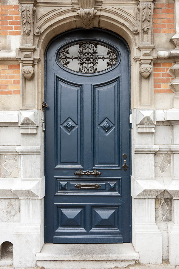 Photo 16101: Formed, panelled, carved, blue door with oval, latticed door light