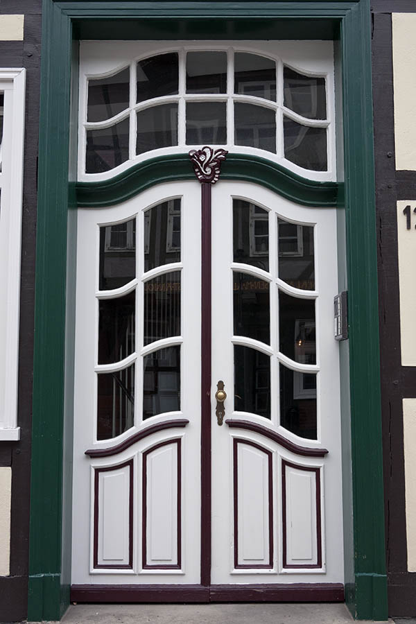 Photo 16364: Panelled, formed, carved, white, green and brown double door with top window and door lights